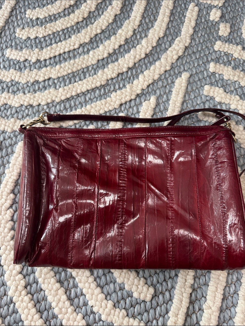 Vintage Korean Eel Skin Leather Burgundy Crossbody Shoulder Bag - Picture 10 of 10